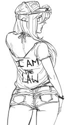 Rule 34 | 1girl, ass, bad id, baseball cap, bb (baalbuddy), birdy cephon altera, closed mouth, clothes writing, contrapposto, cowboy shot, denim, denim shorts, english text, greyscale, halterneck, hand up, hat, headgear, highres, inactive account, monochrome, off-shoulder shirt, off shoulder, profile, shirt, short shorts, short sleeves, shorts, simple background, single bare shoulder, solo, tetsuwan birdy decode, white background