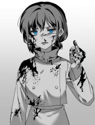 Rule 34 | 1girl, babmon27, blood, blood on clothes, blood on face, blood on hands, blue eyes, closed mouth, commentary request, gakuran, girls band cry, greyscale, hair between eyes, highres, iseri nina, korean commentary, long sleeves, looking at viewer, low twintails, middle finger, monochrome, school uniform, short hair, short twintails, simple background, skirt, solo, spot color, tongue, tongue out, twintails