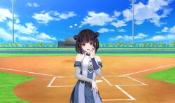 1girl akanbe baseball_stadium baseball_uniform belt belt_buckle belt_collar black_belt black_hair black_nails blue_sky blunt_bangs buckle cinderella_series cloud collar collared_dress cowboy_shot detached_sleeves double_bun dress ear_piercing eyelid_pull flag game_cg hachigatsu_no_cinderella_nine hair_bun highres looking_at_viewer multicolored_hair nara_kurumi non-web_source official_art outdoors piercing purple_hair red_eyes scoreboard short_hair sky sleeveless sleeveless_dress solo sportswear standing tongue tongue_out two-tone_hair