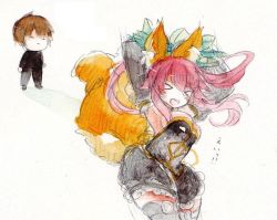 Rule 34 | 10s, 1boy, 1girl, animal ears, bad id, bad pixiv id, bow, breasts, detached sleeves, dress, fate/extra, fate/extra ccc, fate (series), fina (sa47rin5), fox ears, fox tail, hair bow, hair ribbon, medium breasts, official alternate costume, pink hair, ribbon, short hair, tail, tamamo (fate), tamamo no mae (fate/extra), tamamo no mae (sable mage) (fate), thighhighs, traditional media, white background, yellow eyes