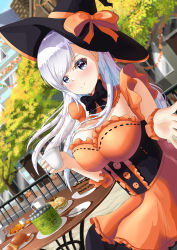 Rule 34 | 1girl, absurdres, alternate costume, azur lane, belfast (azur lane), black bow, black hat, blue eyes, bow, bowtie, breasts, cake, cake slice, cleavage, corset, cup, day, dress, food, frilled dress, frills, halloween costume, hat, hat bow, highres, holding, holding cup, jack-o&#039;-lantern, jelilianamiku, large breasts, layered dress, long hair, looking at viewer, orange bow, orange dress, orange scrunchie, outdoors, pastry, sandwich, scrunchie, silver hair, sleeveless, sleeveless dress, solo, swept bangs, table, witch hat, wrist scrunchie