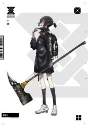 Rule 34 | 1girl, :d, backpack, bag, black hair, black jacket, black socks, commentary request, fang, full body, grey background, hammer, high collar, highres, holding, holding hammer, jacket, kneehighs, long sleeves, mechanical hands, open mouth, original, ponytail, sanshouuo, shoes, short ponytail, sideways mouth, smile, socks, solo, standing, two-tone background, white background, white footwear