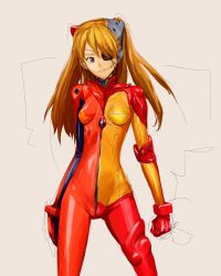 Rule 34 | 00s, 1girl, asymmetrical clothes, blue eyes, bodysuit, bracer, breasts, cowboy shot, evangelion: 2.0 you can (not) advance, eyepatch, gloves, grey background, hair ornament, long hair, looking to the side, makacoon, multicolored clothes, neon genesis evangelion, open mouth, orange hair, pilot suit, plugsuit, rebuild of evangelion, scar, see-through, simple background, sketch, skinny, small breasts, solo, souryuu asuka langley, split theme, standing, stitches, test plugsuit, turtleneck, twintails, two side up