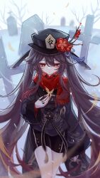 Rule 34 | 1girl, black hat, black shorts, brown hair, closed mouth, dot nose, facing viewer, flower, flower-shaped pupils, genshin impact, hair between eyes, hat, hat flower, hat tassel, highres, hu tao (genshin impact), jewelry, long hair, mibai yume, multiple rings, outdoors, plum blossoms, porkpie hat, red eyes, red scarf, ring, scarf, shorts, sidelocks, solo, symbol-shaped pupils, thumb ring, tombstone, very long hair, winter