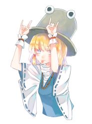 Rule 34 | 1girl, adapted costume, blonde hair, blue eyes, blush, hair ornament, hair ribbon, hat, image sample, jewelry, long sleeves, looking at viewer, moriya suwako, necklace, pokan (xz1128), ribbon, shirt, short hair, simple background, solo, tongue, tongue out, touhou, turtleneck, upper body, vest, white background, wide sleeves, wrist cuffs