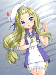 Rule 34 | 1girl, azur lane, blonde hair, blue dress, blue eyes, charles ausburne (azur lane), commentary request, dress, feathers, gloves, hair ornament, hairclip, hat, highres, kumaneko rococo, long hair, low-tied long hair, lying, on back, open mouth, sailor collar, short dress, shorts, shorts under dress, single glove, solo, white dress, white gloves, white hat, white shorts