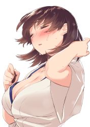 Rule 34 | 10s, 1girl, alternate hairstyle, arm up, blew andwhite, blush, breasts, brown hair, cleavage, close-up, closed eyes, collarbone, hair down, hair tie, hand in own hair, hand up, head tilt, highres, holding, japanese clothes, kaga (kancolle), kantai collection, kimono, large breasts, parted lips, shiny skin, short hair, short sleeves, simple background, solo, sweat, sweatdrop, upper body, wet, white background, wide sleeves