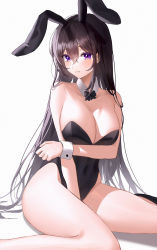 Rule 34 | 1girl, absurdres, animal ears, arm under breasts, bare shoulders, black bow, black bowtie, black hair, black leotard, blush, bow, bowtie, breasts, closed mouth, detached collar, fake animal ears, hair between eyes, highres, large breasts, leotard, long hair, looking at viewer, mole, mole on breast, mole under eye, momimi, original, playboy bunny, purple eyes, rabbit ears, raised eyebrows, sitting, solo, straight hair, sweatdrop, thighs, wariza, wide hips, wrist cuffs