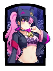 Rule 34 | 1girl, absurdres, beanie, black choker, black hair, black jacket, blush, breasts, choker, closed mouth, collarbone, commentary, commission, cropped jacket, hand up, hat, head tilt, highres, holding, jacket, long hair, medium breasts, megumana, midriff, multicolored hair, navel, open clothes, open jacket, palworld, pink eyes, pink hair, shirt, sidelocks, smile, solo, twintails, two-tone hair, upper body, zoe rayne