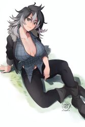 Rule 34 | 1girl, animal ears, black eyes, black hair, book, breasts, commentary, commission, double-parted bangs, english commentary, hair between eyes, highres, jacket, large breasts, looking at viewer, multicolored hair, navel, no bra, open clothes, open shirt, original, sikeseeing18, sitting, two-tone hair, wavy hair, wolf ears, wolf girl