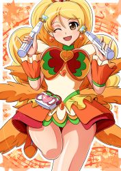 Rule 34 | 10s, 1girl, ;d, alternate form, aokura shou, blonde hair, brooch, brown eyes, choker, cure honey, cure honey (coconut samba), dual wielding, earrings, happinesscharge precure!, heart, heart brooch, highres, holding, jewelry, long hair, magical girl, musical note, one eye closed, oomori yuuko, open mouth, orange background, precure, skirt, smile, solo, staff (music), standing, standing on one leg, wand, wink