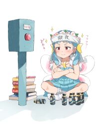 Rule 34 | &gt;:), 1girl, bare arms, bare shoulders, blue dress, blue hair, blush, book, book stack, bottle, closed mouth, collarbone, commentary request, crescent, crescent hair ornament, crossed arms, dress, fairy, fairy wings, flower, flower wreath, frilled socks, frills, gomennasai, hair ornament, head wreath, headband, highres, long hair, monday-chan (gomennasai), no shoes, original, pink flower, red eyes, shadow, simple background, sitting, sleeveless, sleeveless dress, smile, socks, solo, sparkle, translation request, v-shaped eyebrows, white background, white flower, white socks, wings