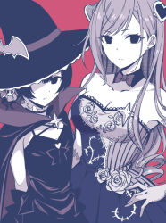 Rule 34 | 2girls, ahoge, arisugawa natsuha, bare shoulders, black theme, bow, bowtie, breasts, cleavage, cloak, closed mouth, collarbone, detached collar, dot nose, dress, flat chest, flower, hair between eyes, hair ornament, hand on own hip, hat, heart, heart hair ornament, idolmaster, idolmaster shiny colors, kamekoya sato, large breasts, long hair, looking at viewer, monochrome, morino rinze, multiple girls, pink background, rose, short hair, simple background, sleeveless, sleeveless dress, spot color, swept bangs, thorns, witch, witch hat