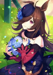 Rule 34 | 1girl, animal ears, artist name, bld zi, blue dress, blue flower, blue headwear, blue rose, bouquet, closed mouth, dagger, dress, flower, grass, hair over one eye, holding, holding bouquet, horse ears, horse girl, knife, long hair, long sleeves, looking at viewer, petals, purple eyes, red sleeves, rice shower (umamusume), rose, solo, tilted headwear, umamusume, weapon