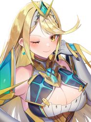 Rule 34 | absurdres, bare shoulders, blonde hair, breasts, chest jewel, cleavage, cleavage cutout, clothing cutout, dress, earrings, elbow gloves, gem, gloves, headpiece, highres, jewelry, large breasts, long hair, mythra (xenoblade), short dress, solo, swept bangs, tiara, very long hair, white dress, white gloves, xenoblade chronicles (series), xenoblade chronicles 2, yasaikakiage, yellow eyes
