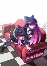 Rule 34 | 10s, 1girl, black dress, bow, cat, checkered floor, colored inner hair, couch, dress, female focus, floor, fuugetsu makoto, green eyes, hair bow, highres, honekoneko (psg), juliet sleeves, long hair, long sleeves, multicolored hair, panty &amp; stocking with garterbelt, puffy sleeves, red upholstery, solo, stocking (psg), striped clothes, striped thighhighs, stuffed animal, stuffed cat, stuffed toy, thighhighs, two-tone hair