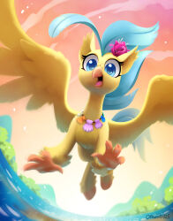 animal_focus beak blue_eyes blue_hair commentary commission dawnf1re english_commentary feathered_wings feathers flower hair_flower hair_ornament happy highres hippogriff jewelry looking_at_viewer medium_hair my_little_pony my_little_pony:_friendship_is_magic my_little_pony:_the_movie_(2017) necklace no_humans open_mouth painterly seashell shell shell_necklace skystar_(hippogriff)_(my_little_pony) skystar_(my_little_pony) smile solo tail talons water wings yellow_wings