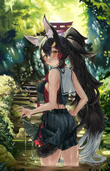 Rule 34 | 1girl, absurdres, animal ear fluff, animal ears, black hair, blue skirt, blush, breasts, brown eyes, choker, cowboy shot, crop top, grin, hair between eyes, hair ornament, hairclip, highres, hololive, long hair, looking at viewer, looking back, medium breasts, ookami mio, ookami mio (1st costume), outdoors, pleated skirt, ponytail, red choker, red hair, sailor collar, shirt, sideboob, skirt, skirt hold, sleeveless, sleeveless shirt, smile, snarkhunt, solo, stairs, tail, very long hair, virtual youtuber, wading, water, wet, wet clothes, white hair, white sailor collar, wolf ears, wolf girl, wolf tail