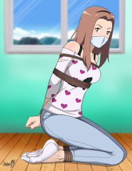 Rule 34 | 1girl, absurdres, bdsm, bondage, bound, bound ankles, bound wrists, breast bondage, breasts, brown eyes, brown hair, cloth gag, denim, digimon, digimon adventure tri., gag, gagged, heart, highres, improvised gag, jeans, jewelry, looking at viewer, necklace, over the nose gag, pants, shadow xcp, shirt, socks, tachikawa mimi, white shirt