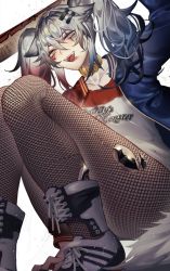 Rule 34 | 1girl, :d, animal ears, arknights, arm up, blood, blood on face, blue hair, blue jacket, boots, clothes writing, collar, collarbone, cosplay, facial mark, fishnet pantyhose, fishnets, gradient hair, grey eyes, grey hair, heart, highres, jacket, juliet starling, juliet starling (cosplay), kikan (kikanoe), knee boots, lappland (arknights), legs, lipstick, lollipop chainsaw, long hair, long sleeves, looking at viewer, makeup, material growth, multicolored hair, open clothes, open jacket, open mouth, oripathy lesion (arknights), pantyhose, red hair, scar, scar across eye, scar on face, shirt, simple background, smile, solo, squatting, tail, torn clothes, torn pantyhose, twintails, white background, white footwear, white shirt, wolf ears, wolf girl, wolf tail