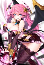 Rule 34 | 1girl, black dress, black gloves, black thighhighs, blue eyes, blush, breasts, bridal gauntlets, collar, demon girl, demon tail, demon wings, dress, elbow gloves, gloves, gradient eyes, heart, heart-shaped pupils, highres, horns, large breasts, lilith (soccer spirits), long hair, multicolored eyes, open mouth, purple hair, smile, snowball22, soccer spirits, solo, symbol-shaped pupils, tail, thighhighs, thighs, transparent background, wings