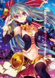 Rule 34 | 1girl, armpits, black thighhighs, blue eyes, blue hair, bow, bowtie, breasts, choker, cleavage, detached sleeves, floating hair, gloves, hair between eyes, hair ribbon, hatsune miku, long hair, looking at viewer, medium breasts, megaphone, microphone, midriff, musou yuchi, navel, red ribbon, ribbon, shiny skin, smile, solo, standing, stomach, striped ribbon, thighhighs, twintails, very long hair, vocaloid, white gloves, yellow bow, yellow bowtie