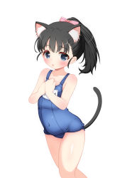 Rule 34 | 1girl, animal ears, black hair, blue eyes, blue one-piece swimsuit, blush, bow, commentary request, covered navel, fukuyama mai, hair bow, hands on own chest, highres, hosizora mikoto, idolmaster, idolmaster cinderella girls, long hair, name tag, old school swimsuit, one-piece swimsuit, open mouth, own hands together, ponytail, ribbon, school swimsuit, simple background, solo, swimsuit, tail, thighs, white background