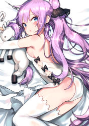 Rule 34 | 1girl, :o, ahoge, ass, azur lane, bare shoulders, bed sheet, black bow, black ribbon, blue eyes, blush, bow, breasts, commentary request, denchu (kazudentyu), dress, elbow gloves, gloves, hair between eyes, hair bun, hair ornament, hair ribbon, head tilt, highres, long hair, looking at viewer, looking to the side, lying, hugging object, on side, one side up, panties, parted lips, purple hair, ribbon, side bun, sideboob, single hair bun, single side bun, small breasts, solo, stuffed animal, stuffed toy, stuffed winged unicorn, thighhighs, underwear, unicorn (azur lane), very long hair, white dress, white gloves, white panties, white thighhighs