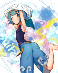 Rule 34 | 1girl, arms up, barefoot, blue eyes, blue hair, capri pants, character name, creatures (company), game freak, goggles, goggles on head, kanimaru, lana (pokemon), looking at viewer, nintendo, one eye closed, pants, pokemon, pokemon sm, school swimsuit, short hair, shorts, standing, standing on one leg, swimsuit