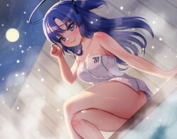 Rule 34 | 1girl, blue archive, blue eyes, blue hair, blush, collarbone, commentary request, commission, crossed legs, full moon, halo, hanasaki mahiru, hand up, highres, long hair, looking at viewer, moon, naked towel, night, night sky, onsen, parted bangs, sidelocks, sitting, skeb commission, sky, solo, star (sky), starry sky, steam, thighs, towel, two side up, water, wooden wall, yuuka (blue archive)