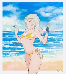 Rule 34 | 1girl, absurdres, aqua eyes, beach, bikini, blue eyes, blue sky, border, bottle, breasts, cleavage, cloud, day, diana cavendish, frost, full body, gold bikini, green hair, halterneck, hands up, highres, holding, holding bottle, little witch academia, looking at viewer, lotion, medium breasts, midriff, navel, outdoors, project-disrubtion, side-tie bikini bottom, sky, solo, stomach, string bikini, sunscreen, swimsuit, wavy hair, white border, yellow bikini