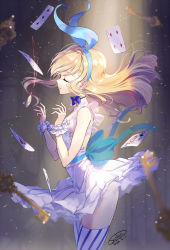 Rule 34 | 1girl, alice (alice in wonderland), alice in wonderland, back bow, bare shoulders, blonde hair, blue bow, blue bowtie, blue ribbon, bow, bowtie, breasts, card, choker, closed eyes, commentary request, cowboy shot, detached sleeves, dress, eyelashes, floating, floating hair, floating object, frills, from side, hairband, key, light particles, long hair, motion blur, original, parted lips, pocket watch, profile, reaching, ribbon, sanbasou, sash, see-through, small breasts, smile, solo, sparkle, stage lights, striped clothes, striped thighhighs, thighhighs, vertical-striped clothes, vertical-striped thighhighs, watch, white dress, white thighhighs, wrist cuffs