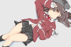 Rule 34 | 1girl, black socks, black skirt, brown eyes, brown hair, commentary request, feet out of frame, highres, japanese clothes, kantai collection, kariginu, kneehighs, long hair, looking at viewer, lying, magatama, namakura neo, pleated skirt, red shirt, ryuujou (kancolle), shirt, skirt, socks, solo, twintails, visor cap
