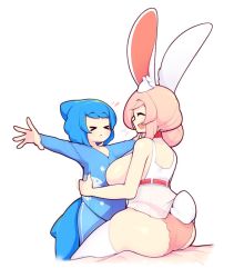 Rule 34 | &gt; &lt;, +++, 2girls, :&lt;, :d, ^ ^, animal ears, ass, bare arms, bare shoulders, blue hair, breasts, cetacean tail, closed eyes, commentary, english commentary, fins, fish tail, fiz (fizintine), fizintine, hair bun, large breasts, long sleeves, multiple girls, open mouth, original, outstretched arms, pajamas, pink hair, rabbit ears, rabbit girl, rabbit tail, short hair, side bun, simple background, single side bun, sitting, smile, spread arms, tail, thighhighs, tori (fizintine), white background, white legwear, x&lt;