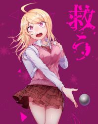 Rule 34 | 1girl, ahoge, akamatsu kaede, backpack, bag, ball, beamed eighth notes, beamed sixteenth notes, blonde hair, blush, breasts, collared shirt, commentary request, cowboy shot, danganronpa (series), danganronpa v3: killing harmony, eighth note, fortissimo, hair ornament, hand up, highres, large breasts, long hair, long sleeves, looking at viewer, musical note, musical note hair ornament, nanin, necktie, open mouth, pink background, pleated skirt, print skirt, purple eyes, school uniform, shirt, skirt, smile, solo, sweater vest, swept bangs, translation request, white bag, white shirt