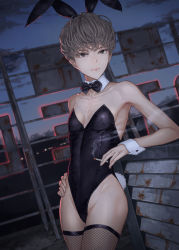 Rule 34 | 1girl, :|, animal ears, black eyes, black leotard, bow, bowtie, breasts, cigarette, closed mouth, cloud, collarbone, cowboy shot, detached collar, fake animal ears, fishnet thighhighs, fishnets, grey hair, groin, hand on own hip, highleg, highleg leotard, highres, kaoming, leaning back, leotard, light smile, looking at viewer, night, night sky, open mouth, original, outdoors, playboy bunny, rabbit ears, rabbit tail, rooftop, short hair, sign, sky, small breasts, smile, smoke, solo, strapless, strapless leotard, tail, thighhighs, very short hair, white background, wrist cuffs