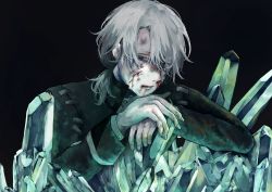 Rule 34 | 1boy, aesop carl, black background, blood, blood on face, bruise, bruise on face, crystal, grey hair, hair over one eye, highres, identity v, injury, long sleeves, looking at viewer, male focus, solo, stitches, upper body