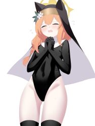 Rule 34 | 1girl, absurdres, aimpoleume, alternate costume, animal ears, black leotard, blue archive, blush, breasts, closed eyes, halo, highres, justina follower (blue archive), leotard, long hair, mari (blue archive), orange hair, own hands together, small breasts, solo, thighs, veil, white background, yellow halo