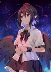 Rule 34 | 1girl, akagashi hagane, backlighting, bird wings, black bow, black bowtie, black hair, black skirt, black wings, black wristband, bow, bowtie, buttons, closed mouth, collared shirt, cowboy shot, dress shirt, frills, from side, frown, hair between eyes, hands on own stomach, hands up, hat, looking away, low wings, night, outdoors, own hands together, partially unbuttoned, petticoat, pointy ears, puffy short sleeves, puffy sleeves, red eyes, red hat, shameimaru aya, shirt, short hair, short sleeves, sidelocks, skirt, solo, star (sky), string, tassel, tokin hat, touhou, white shirt, wing collar, wings, wristband