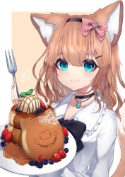 Rule 34 | 1girl, absurdres, animal ear fluff, animal ears, black choker, black hairband, blue eyes, blush, bow, brown background, brown hair, brown nails, cat ears, cat girl, cat tail, choker, closed mouth, collarbone, collared shirt, fang, fang out, food, fork, frilled shirt collar, frills, hair between eyes, hair bow, hair ornament, hairband, hairclip, heart, highres, hinata (user rjkt4745), holding, holding fork, holding plate, jewelry, long hair, long sleeves, looking at viewer, nail polish, original, pancake, pancake stack, pendant, pink bow, plate, polka dot, polka dot bow, shirt, smile, solo, tail, two-tone background, white background, white shirt