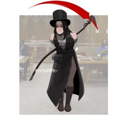 Rule 34 | 1other, androgynous, arms behind back, ascot, better call saul, black hair, black headwear, blood, breaking bad, brown footwear, courtroom, full body, guilty gear, guilty gear strive, hat, highres, holding, holding scythe, long hair, looking at viewer, meme, other focus, photo background, realistic, saul goodman&#039;s anime girl stance (meme), scythe, skull, standing, testament (guilty gear), top hat, white ascot, xenosweater