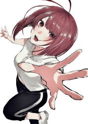 Rule 34 | 1girl, absurdres, arima kana, black pants, bob cut, exercising, highres, inverted bob, looking up, open mouth, oshi no ko, pants, red eyes, red hair, ryou 08, shirt, short hair, simple background, solo, sweat, sweatdrop, white background, white footwear, white shirt