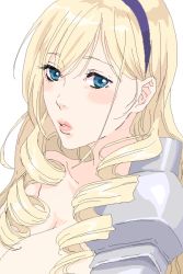 Rule 34 | 10s, 1girl, blonde hair, blue eyes, blush, breasts, celia kumani entory, cleavage, collarbone, curly hair, drill hair, hairband, lips, long hair, looking at viewer, nude, open mouth, parted bangs, parted lips, solo, sumitan, upper body, walkure romanze