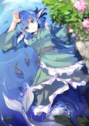 Rule 34 | 1girl, bad id, bad pixiv id, blue eyes, blue hair, breasts, curly hair, fins, fish, flower, hasebe yuusaku, head fins, highres, japanese clothes, matching hair/eyes, mermaid, monster girl, partially submerged, rock, solo, touhou, wakasagihime