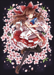 Rule 34 | 1girl, black pantyhose, bow, brown eyes, brown hair, cherry blossoms, detached sleeves, dress, gohei, hagiwara rin, hair bow, hair tubes, hakurei reimu, long hair, long sleeves, mary janes, pantyhose, petals, red dress, shoes, smile, solo, standing, standing on one leg, touhou, very long hair, wide sleeves