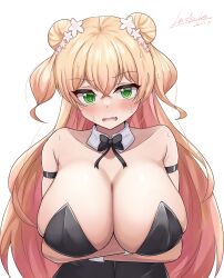 Rule 34 | 1girl, @ @, alternate costume, arms under breasts, bare shoulders, black bow, black bowtie, black leotard, blonde hair, blush, bow, bowtie, breast hold, breasts, cleavage, commentary, detached collar, double bun, fang, green eyes, hair bun, hashira 14, highres, hololive, huge breasts, leotard, long hair, looking at viewer, momosuzu nene, paid reward available, playboy bunny, signature, simple background, solo, strapless, strapless leotard, sweat, traditional bowtie, upper body, v-shaped eyebrows, variant set, virtual youtuber, white background