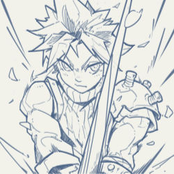 Rule 34 | 1boy, armor, bandaged arm, bandages, bare shoulders, blue theme, closed mouth, cloud strife, earrings, emphasis lines, final fantasy, final fantasy vii, greyscale, hatching (texture), highres, holding, holding sword, holding weapon, jewelry, jie-loeng, male focus, monochrome, muscular, pauldrons, screw, shoulder armor, simple background, single earring, sketch, solo, square enix, sword, turtleneck, weapon