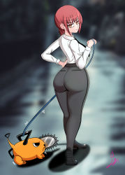 Rule 34 | 1girl, absurdres, ass, black pants, chainsaw man, hand on own hip, highres, huge ass, laceysx, leash, long hair, looking back, makima (chainsaw man), necktie, pants, pantylines, pochita (chainsaw man), red hair, shirt, shirt tucked in, smile, tight clothes, tight pants, walking, white shirt, yellow eyes