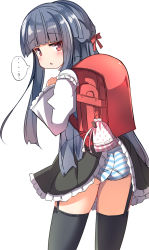 Rule 34 | ...?, 1girl, :&lt;, absurdres, accidental exposure, ass, backpack, bag, black hair, black skirt, black thighhighs, blush, bow, braid, clothes lift, commentary request, frilled skirt, frills, from behind, garter straps, hair bow, hand up, highres, idolmaster, idolmaster cinderella girls, idolmaster cinderella girls starlight stage, juliet sleeves, long hair, long sleeves, looking at viewer, looking back, panties, parted lips, puffy sleeves, randoseru, red bow, red eyes, sajo yukimi, shirt, simple background, skirt, skirt lift, solo, striped clothes, striped panties, thighhighs, triangle mouth, umberblack, underwear, very long hair, wardrobe malfunction, white background, white shirt, wide sleeves