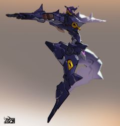 Rule 34 | absurdres, floating, glowing, glowing eye, gradient background, highres, horns, korean commentary, mar10, mecha, no humans, original, purple eyes, robot, science fiction, single horn, solo, t-pose